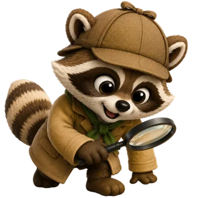 Der Sommerdetektive-Waschbär mit Deerstalker-Mütze, Trenchcoat und Lupe.