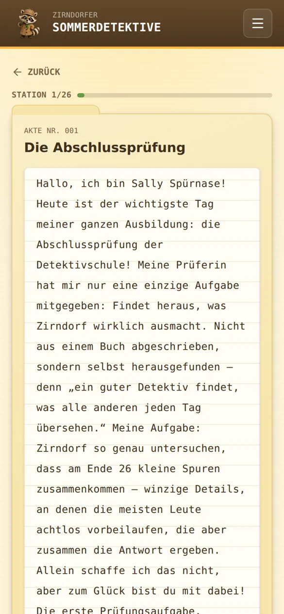 Akte Nr. 001 „Die Abschlussprüfung“: der Rätseltext im Schreibmaschinen-Look.