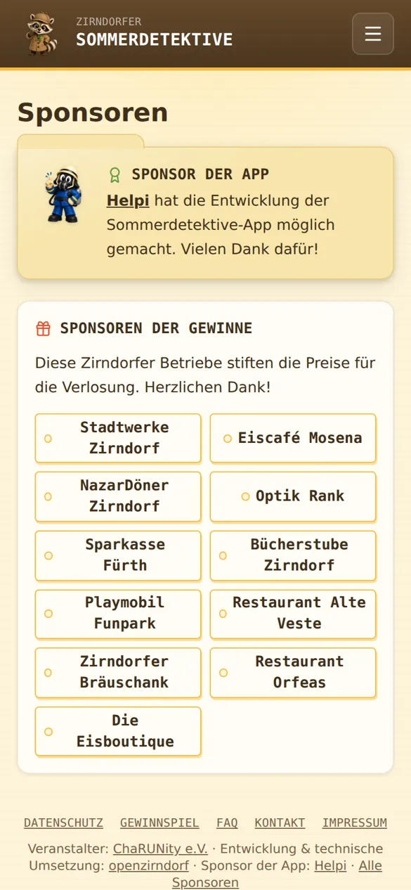 Sponsoren-Seite der App mit Helpi als Sponsor der App und den Zirndorfer Betrieben, die die Preise gestiftet haben.