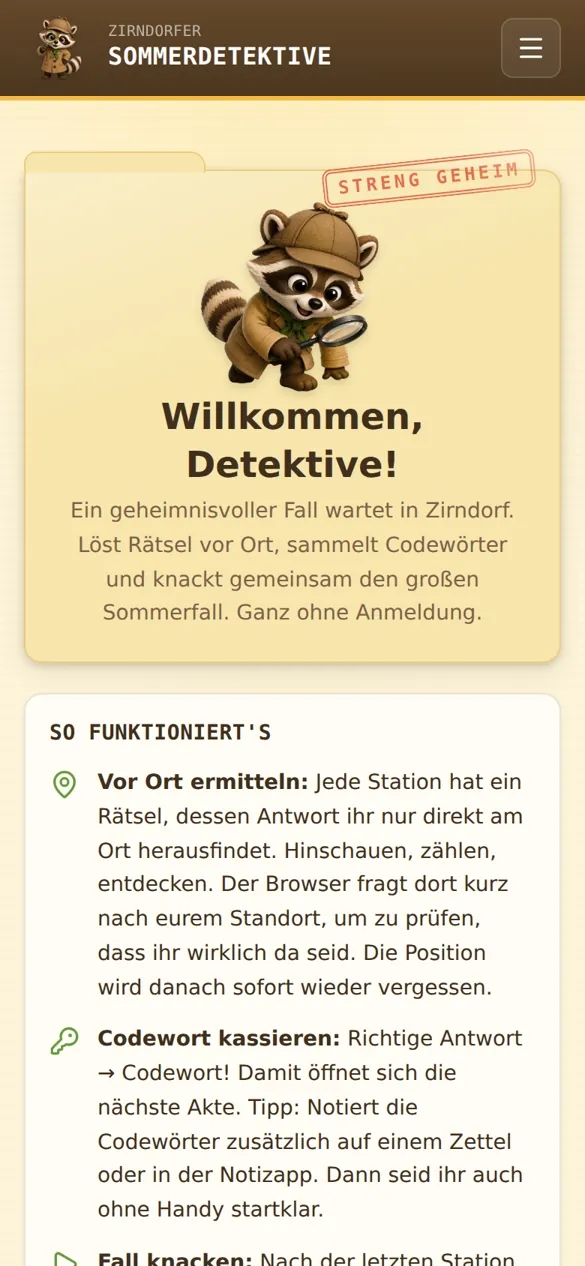 Startseite der App: der Waschbär-Detektiv über einer Akte „Streng geheim“ mit dem Text „Willkommen, Detektive!“.